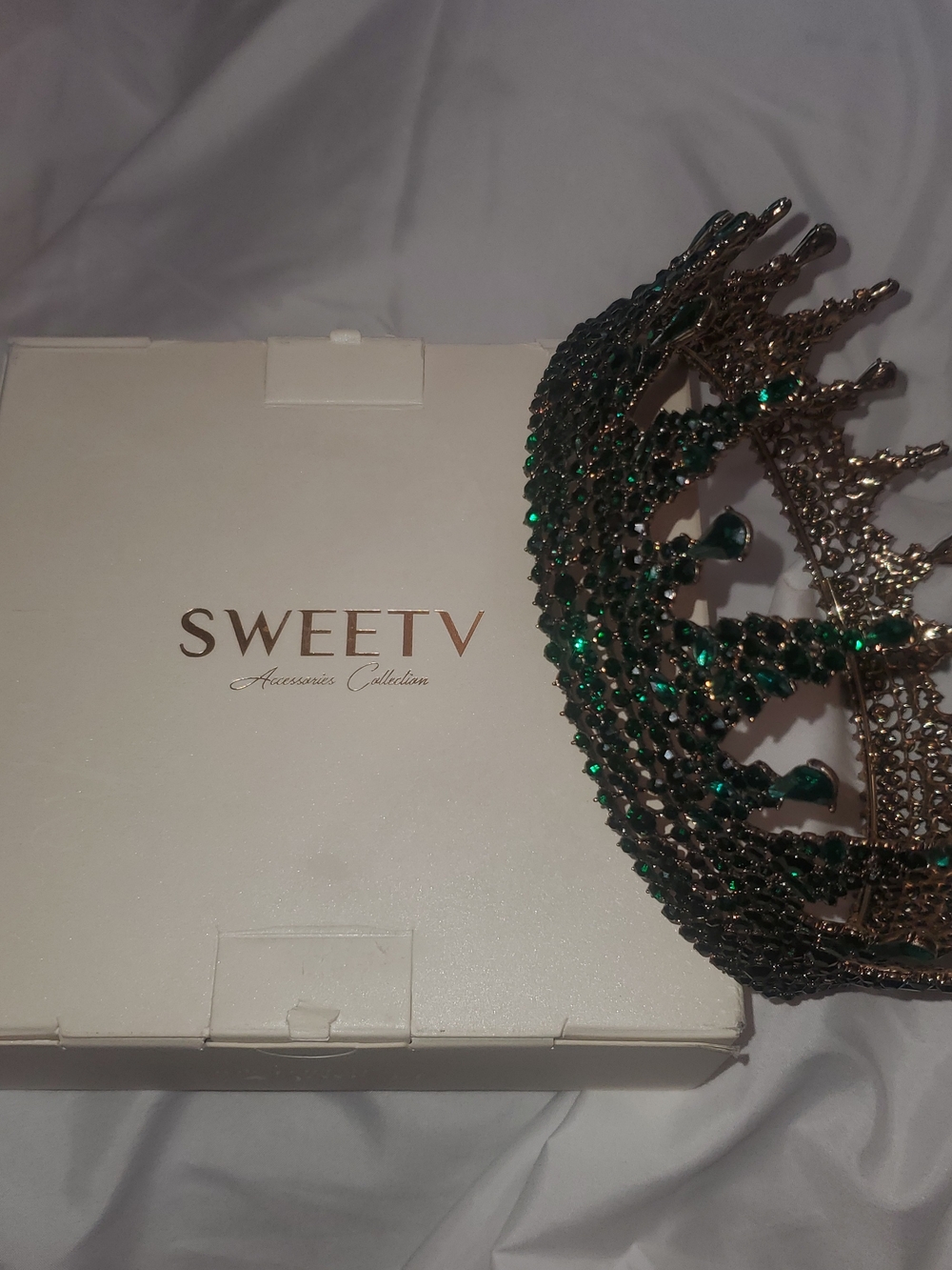 Emerald Crystal Tiara Crown - Green Rhinestone Headpiece by SweetV - Picture 8 of 8